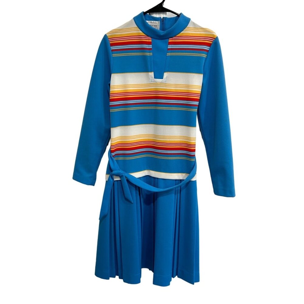 Vintage 1960s Empress Of Dallas Blue Multicolor Striped Long Sleeve Belted Dress